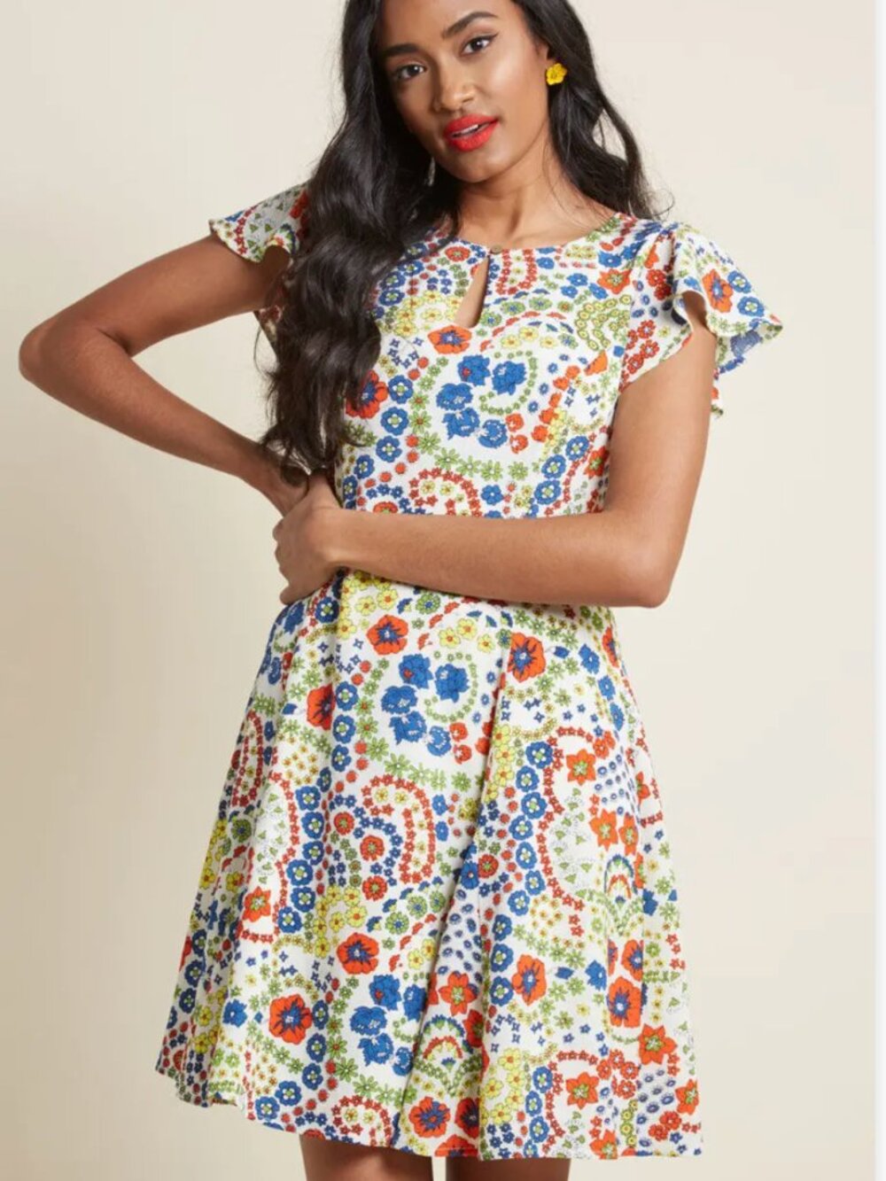 MODCLOTH Vintage-Inspired White Floral Flutter Sleeve Dress w/Keyhole sz S